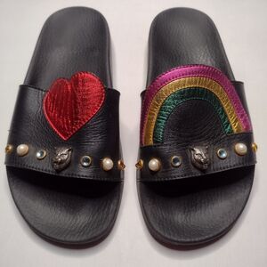 Gucci Women's Persuit Slides Sandals Cat Rainbow Heart Rhinestone 37 Leather